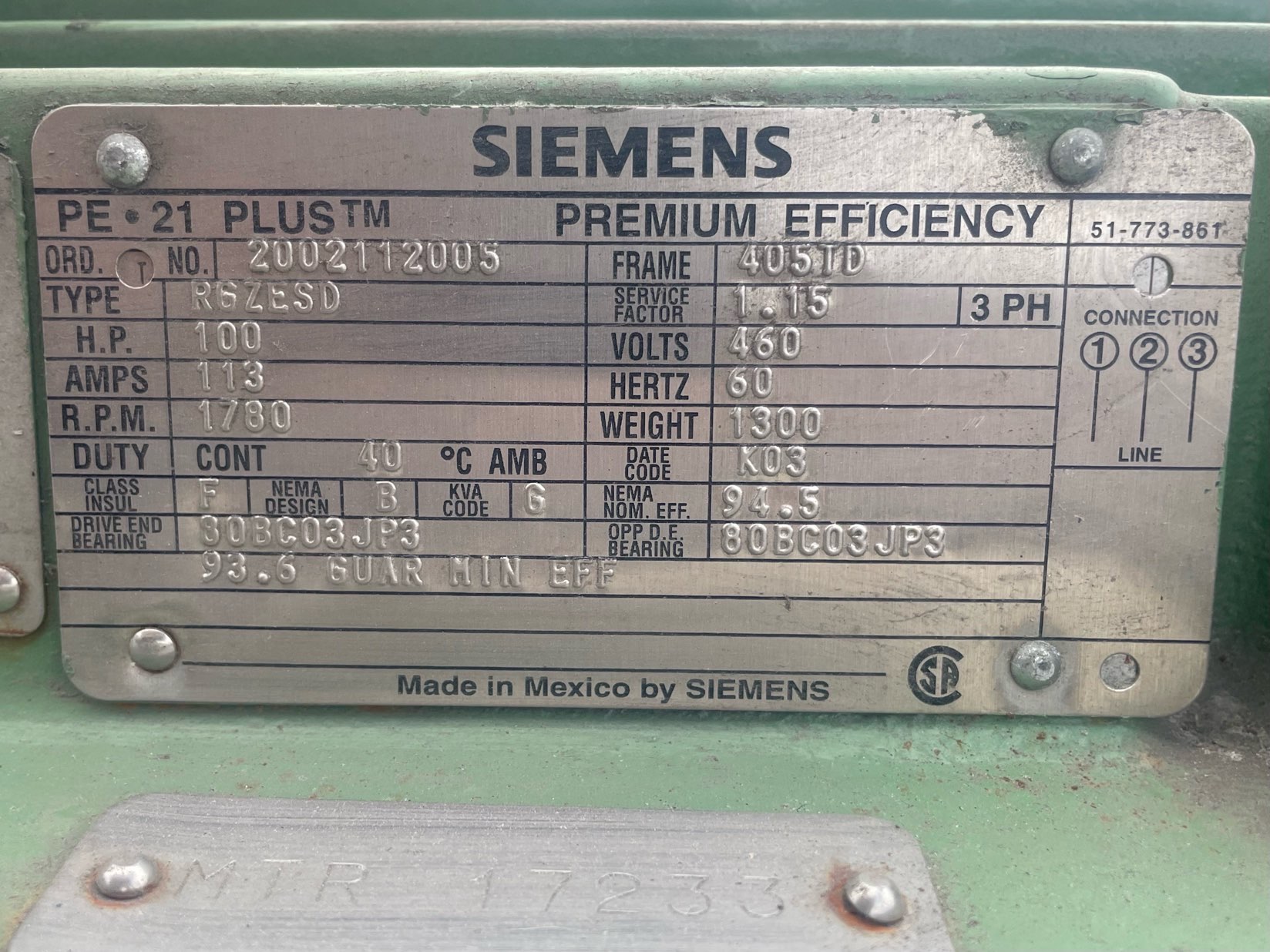 Siemens 100 HP 1800 RPM 405TD Squirrel Cage Motors 91229