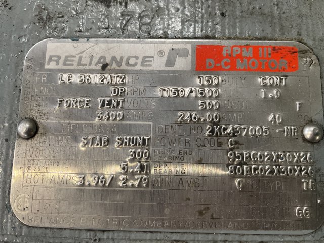 Reliance 150 HP 1150/1500 RPM LC3612ATZ DC Motors 91233