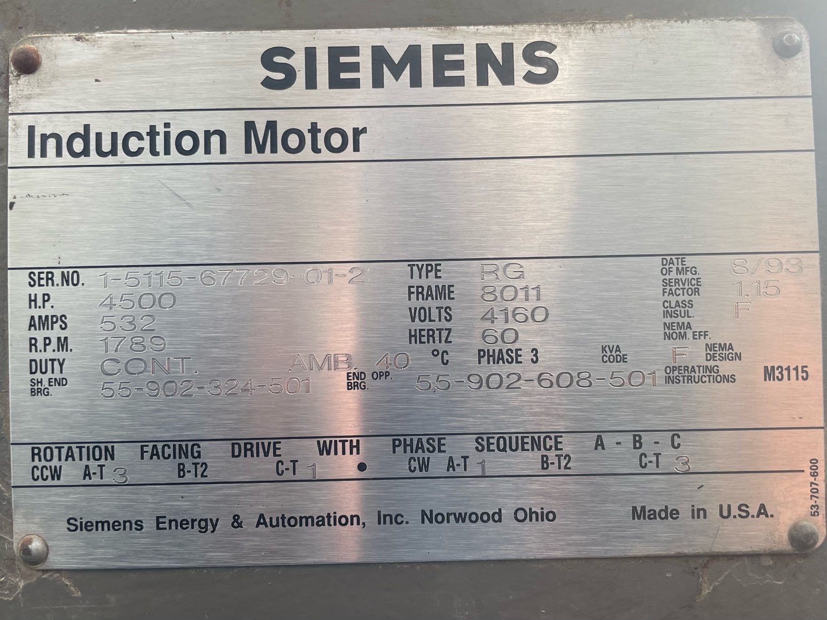 Siemens 4500 HP 1800 RPM 8011 Squirrel Cage Motors 91250