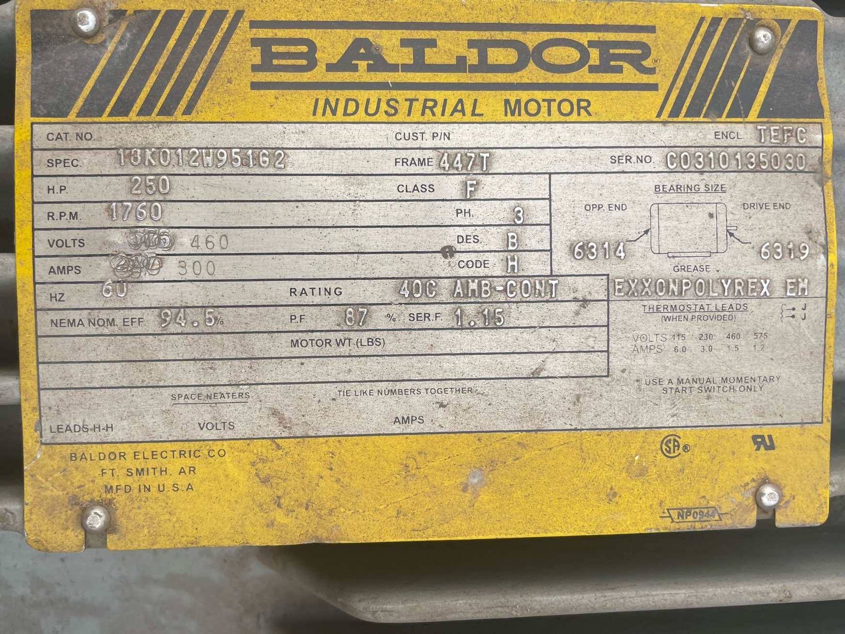 Baldor 250 HP 1800 RPM 447T Squirrel Cage Motors 91271