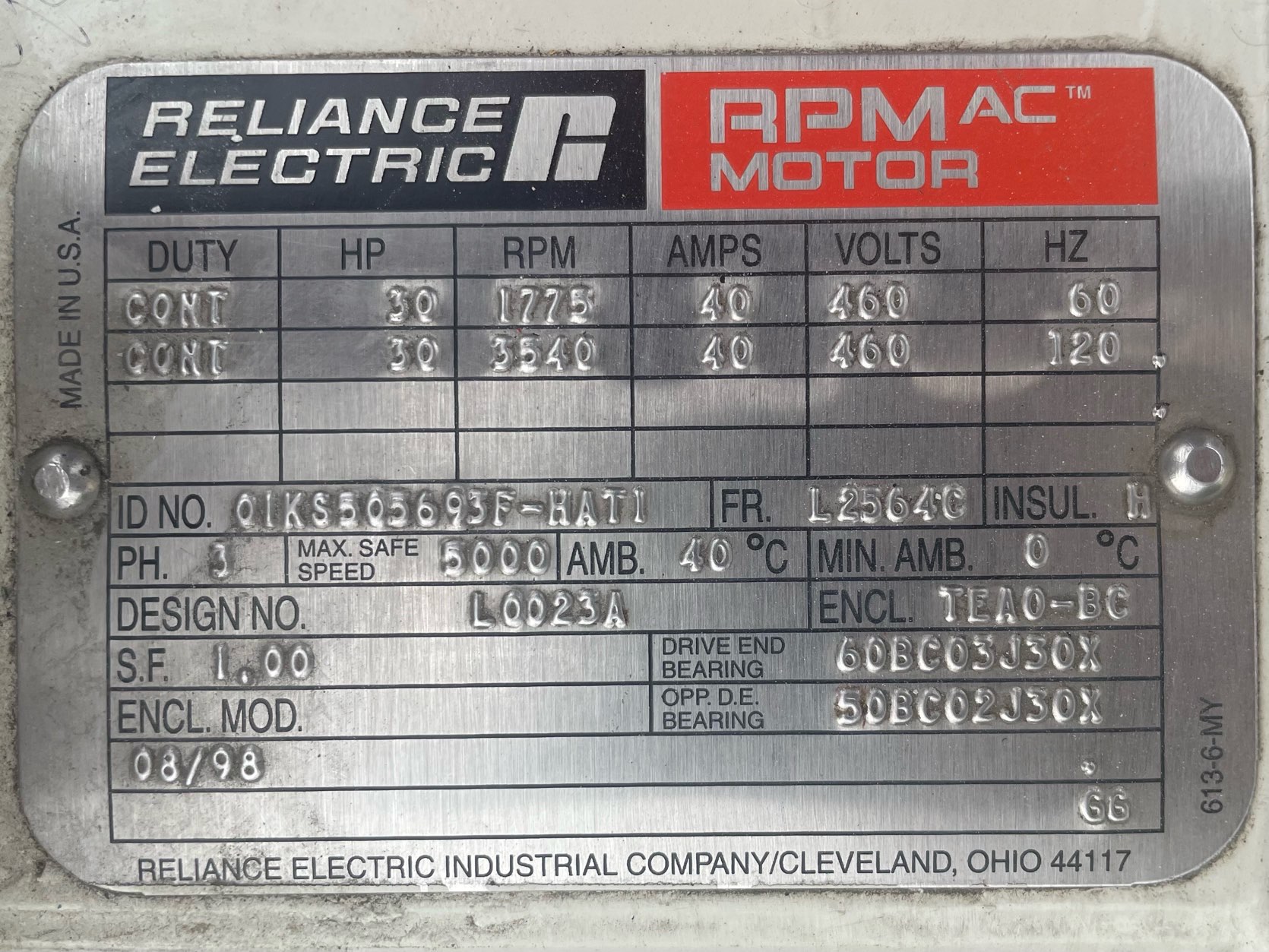 Reliance 30 HP 1800 RPM L2564G Squirrel Cage Motors 91278