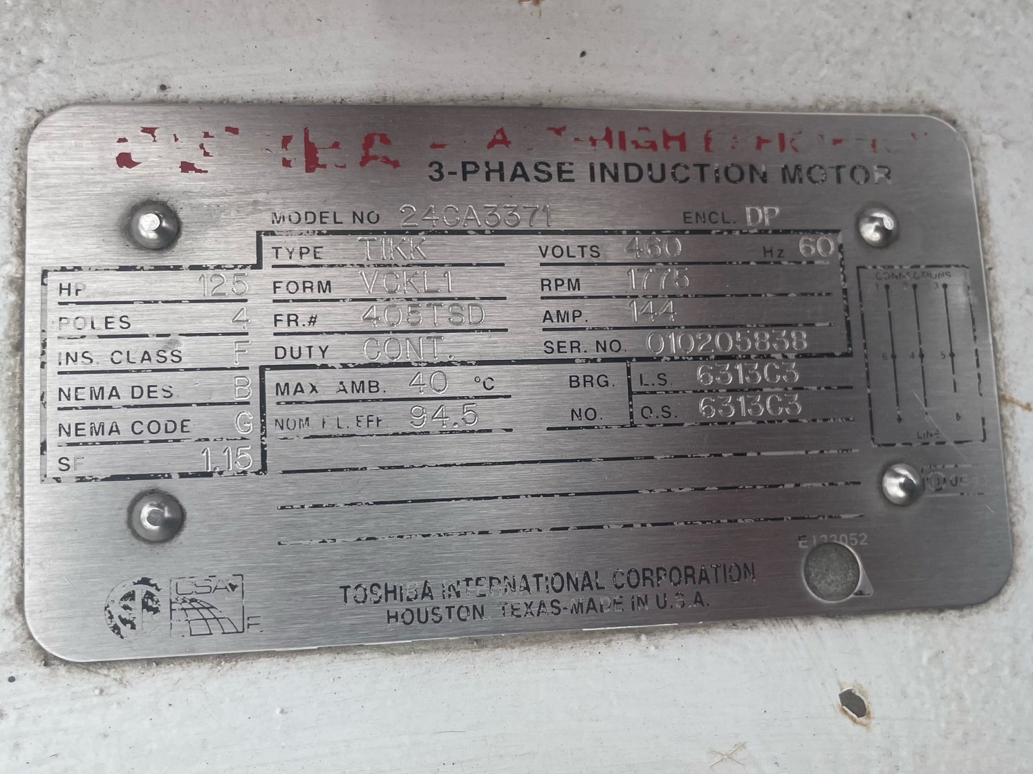 Toshiba 125 HP 1800 RPM 405TSD Squirrel Cage Motors 91281