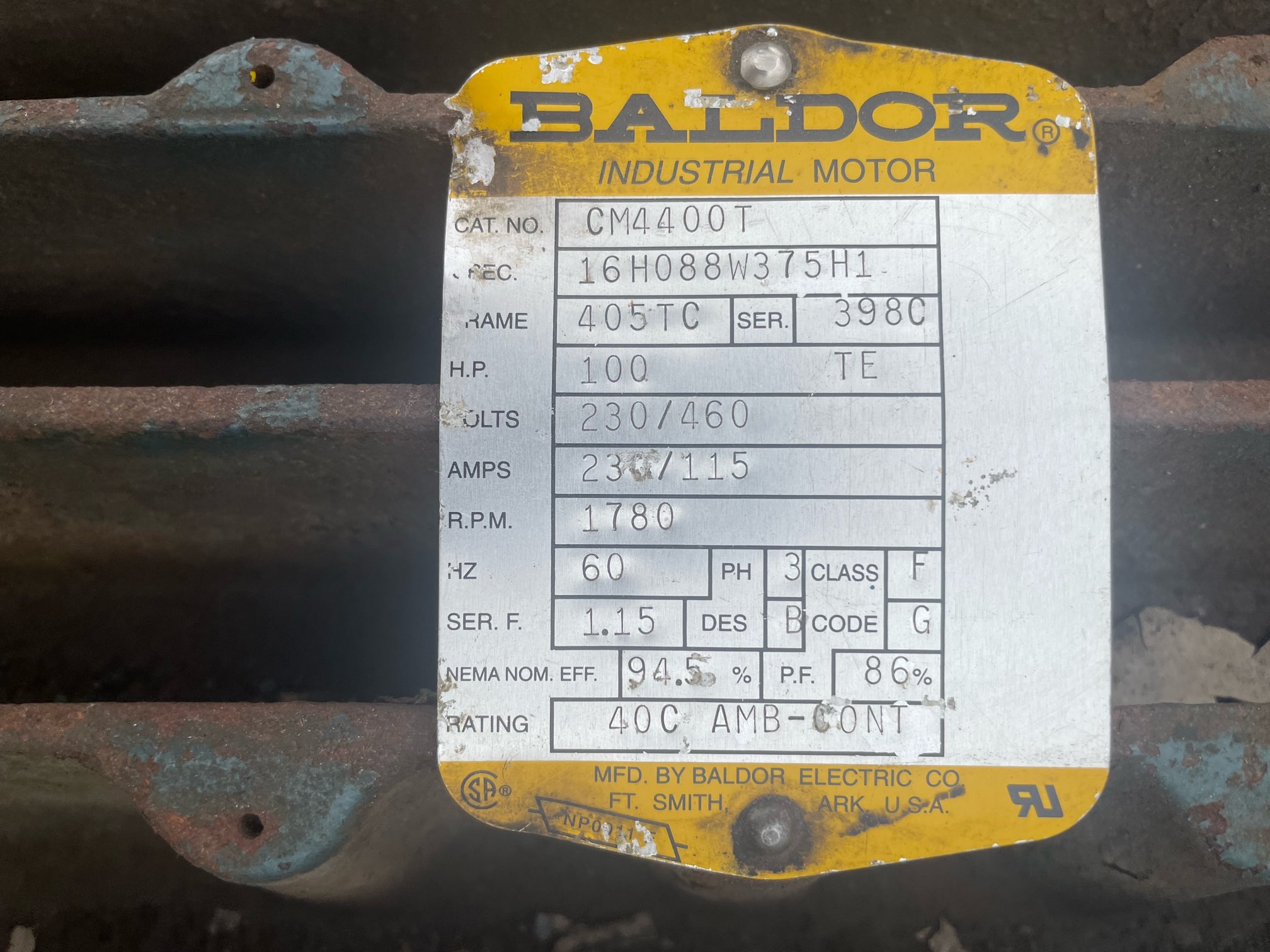 Baldor 100 HP 1800 RPM 405TC Squirrel Cage Motors 91283