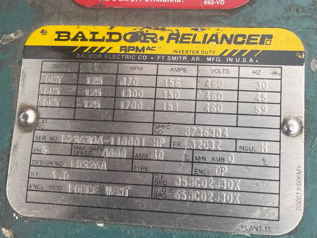 Baldor-Reliance 125 HP 1800 RPM L3203Z Squirrel Cage Motors 91287