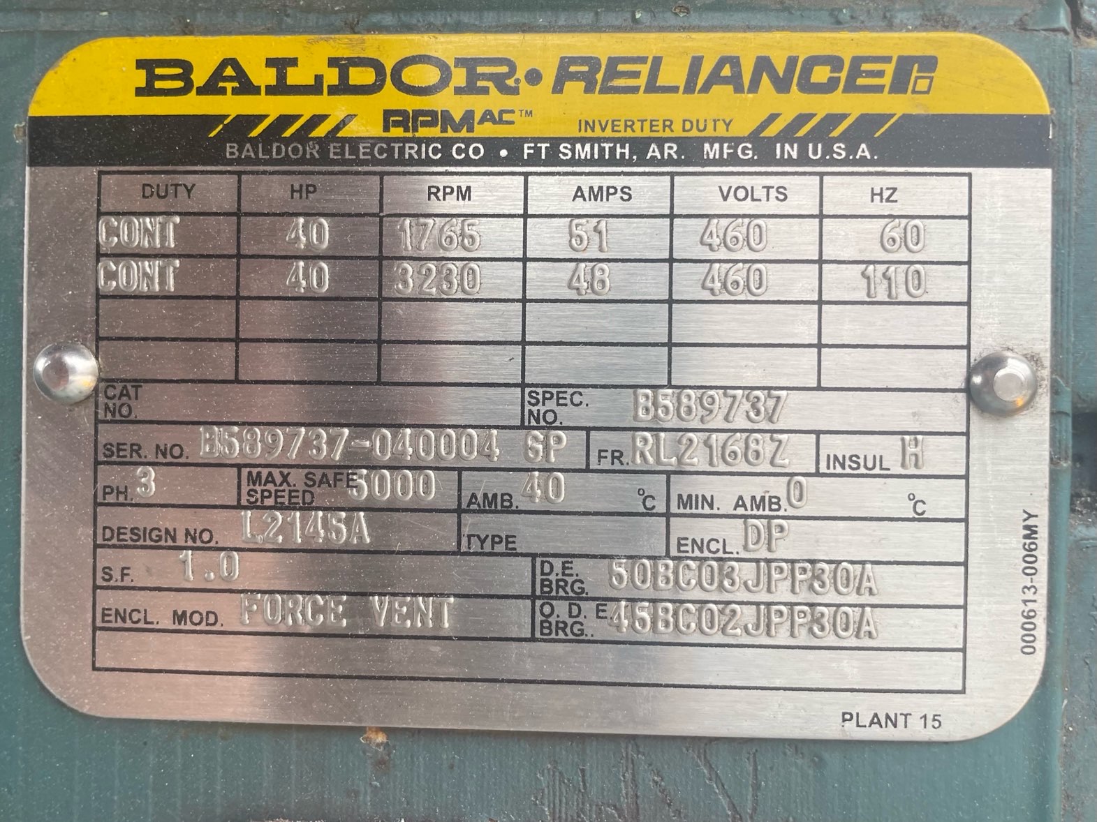 Baldor-Reliance 40 HP 1800 RPM RL2168Z Squirrel Cage Motors 91288