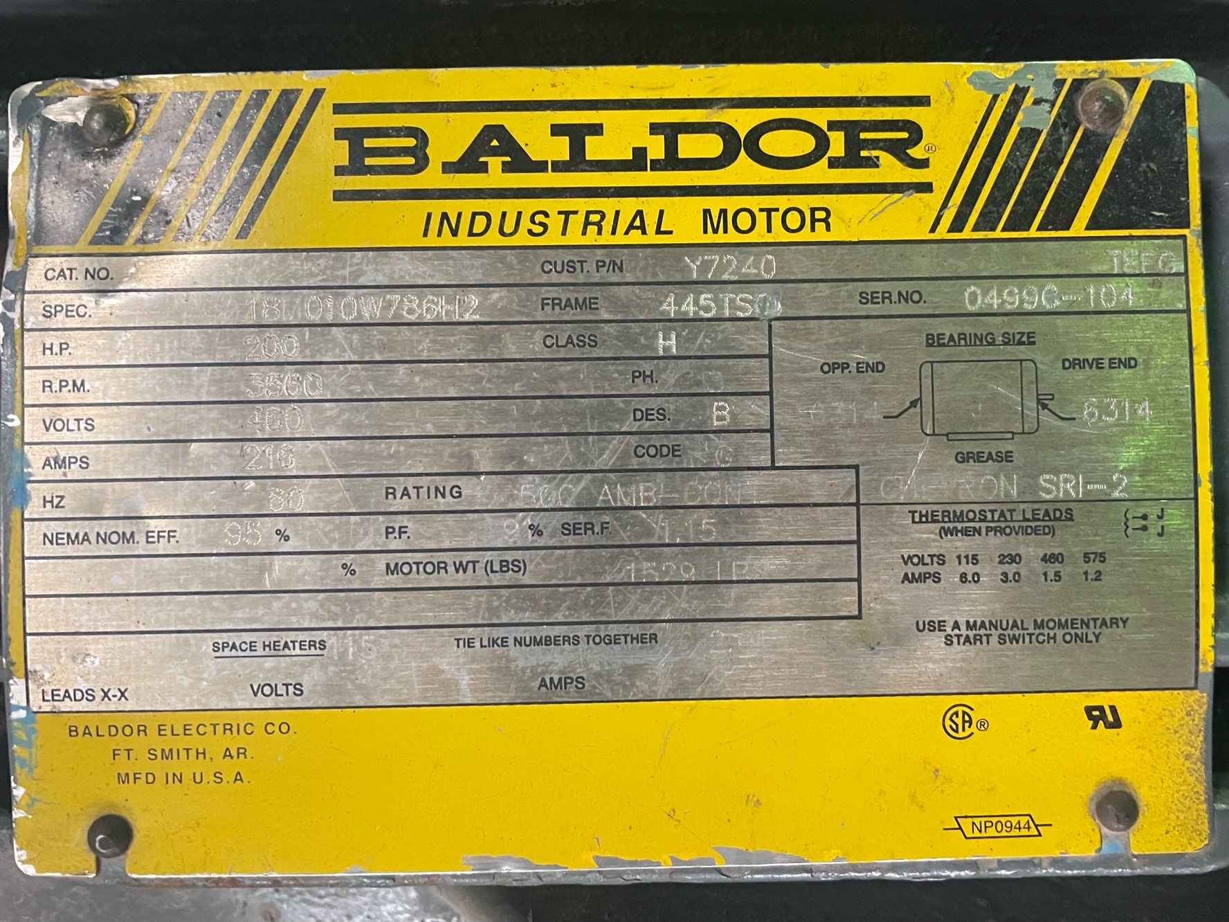 Baldor 200 HP 3600 RPM 445TSC Squirrel Cage Motors 91320