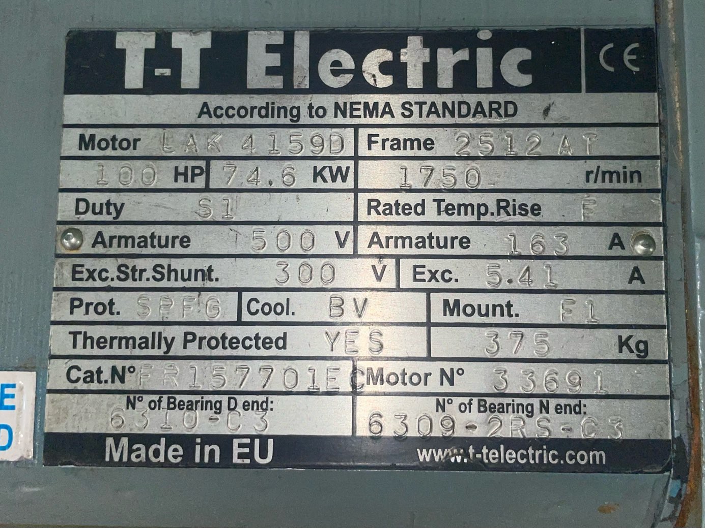 TT Electric 100 HP 1750 RPM 2512AT DC Motors 91323