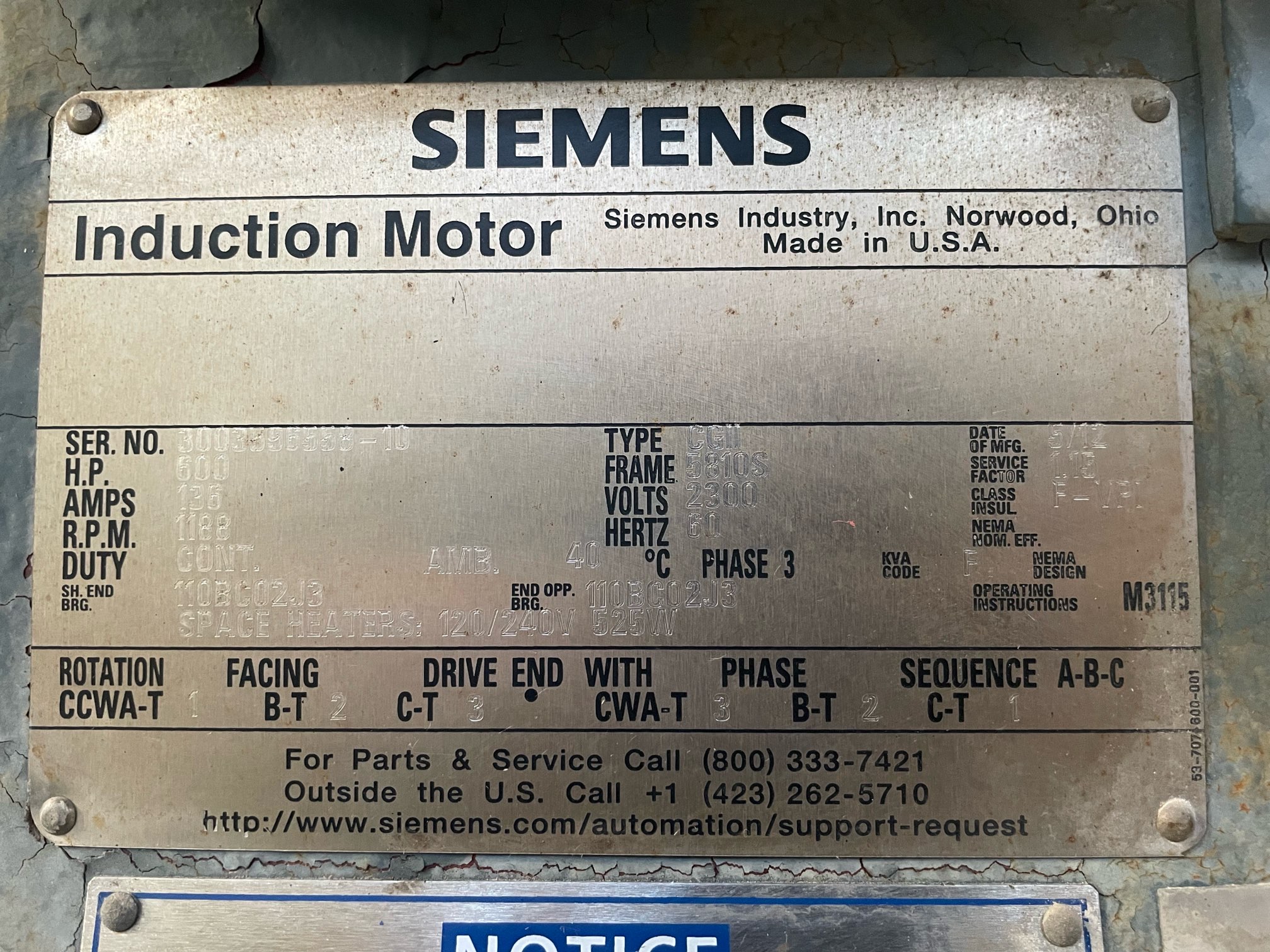 Siemens 600 HP 1200 RPM 5810S Squirrel Cage Motors 91327