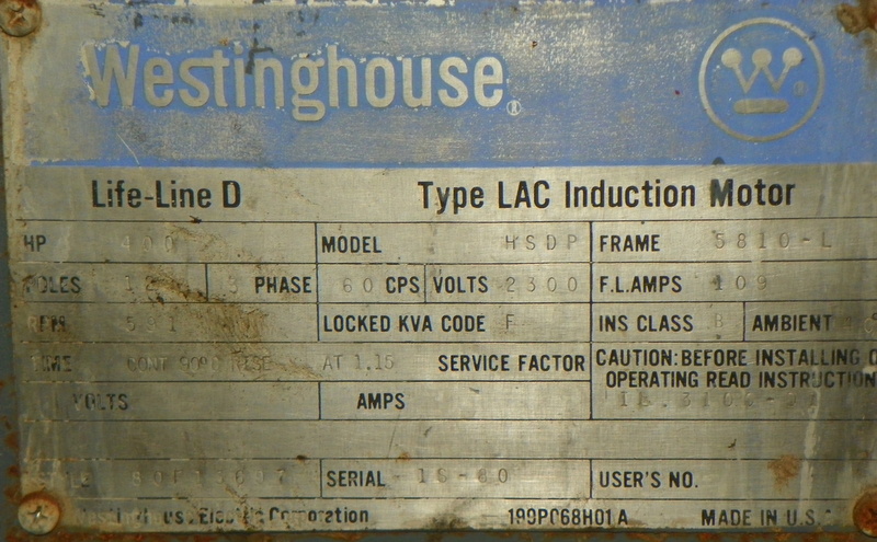 Westinghouse 400 HP 600 RPM 5810L Squirrel Cage Motors 91331