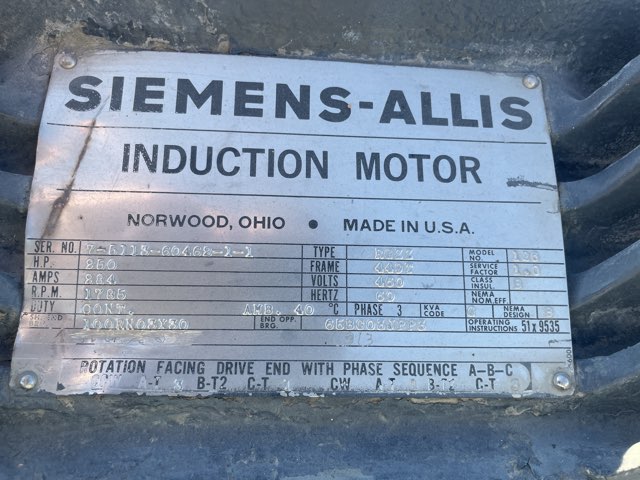 Siemens-Allis 250 HP 1800 RPM 449T Squirrel Cage Motors 91335