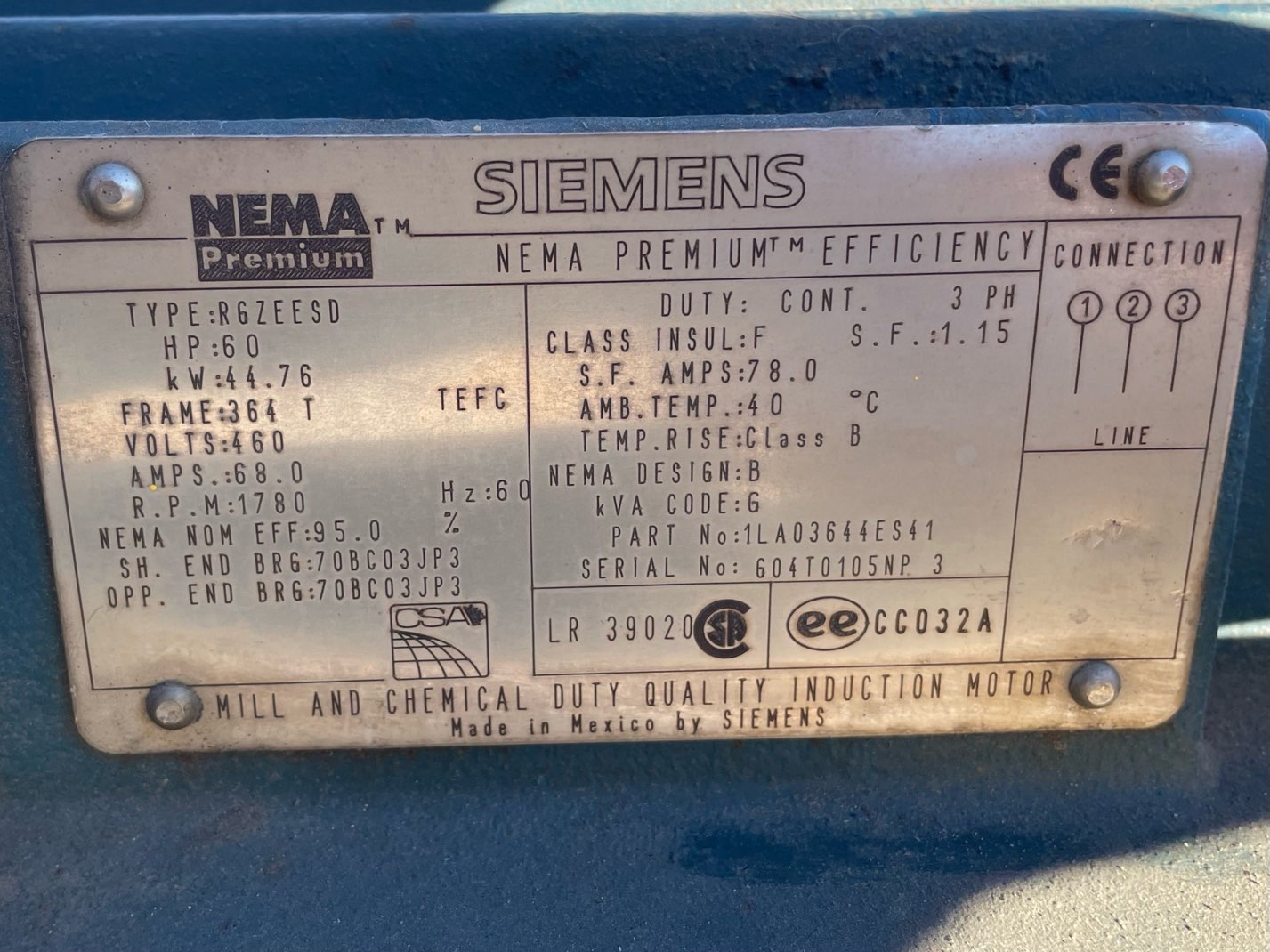 Siemens 60 HP 1800 RPM 364T Squirrel Cage Motors 91337