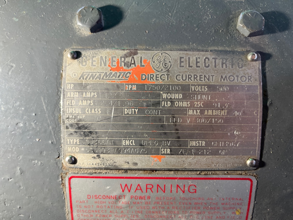 General Electric 75 HP 1750/2100 RPM 366AT DC Motors 91342