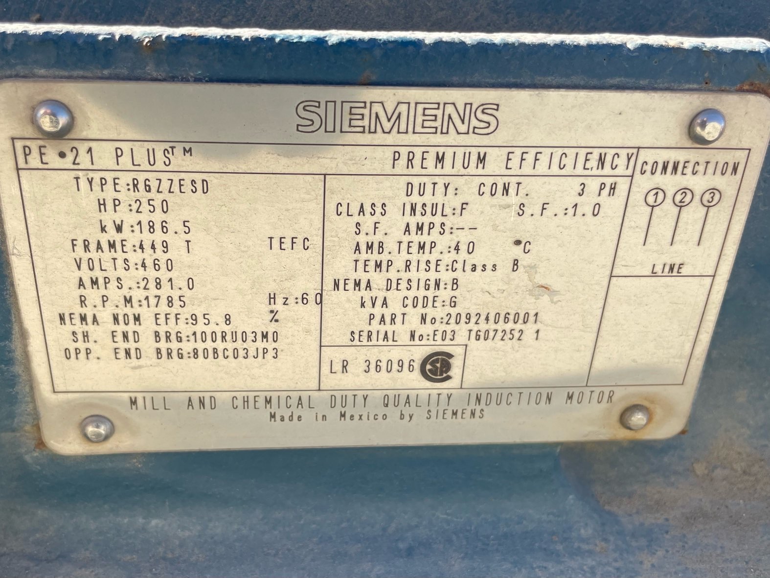 Siemens 250 HP 1800 RPM 449T Squirrel Cage Motors 91352