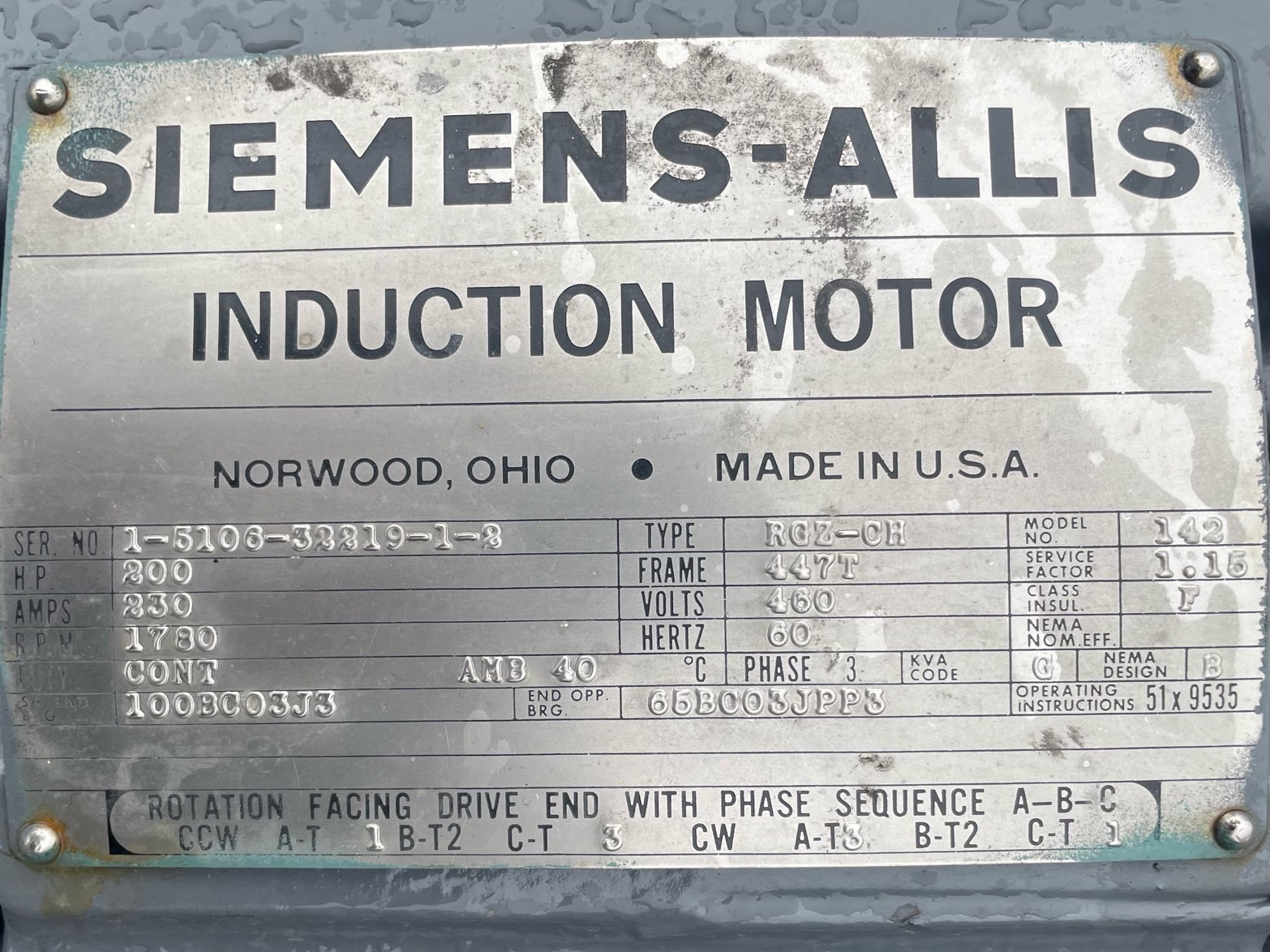 Siemens-Allis 200 HP 1800 RPM 447T Squirrel Cage Motors 91372