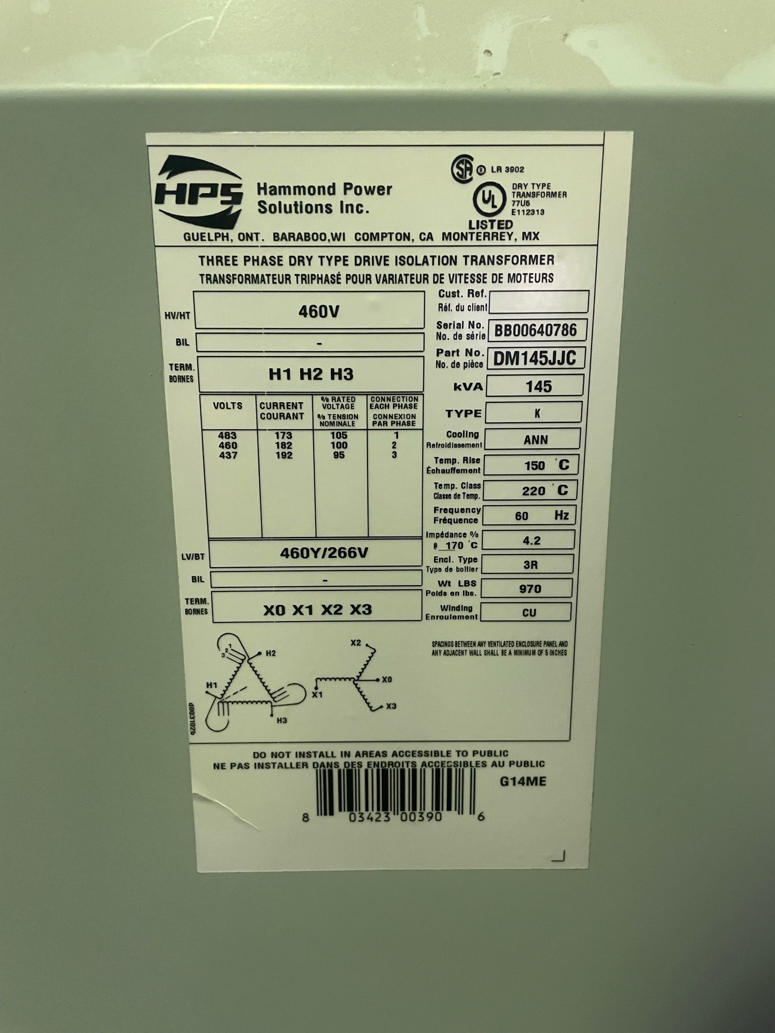 Hammond 145 KVA Transformers 91378