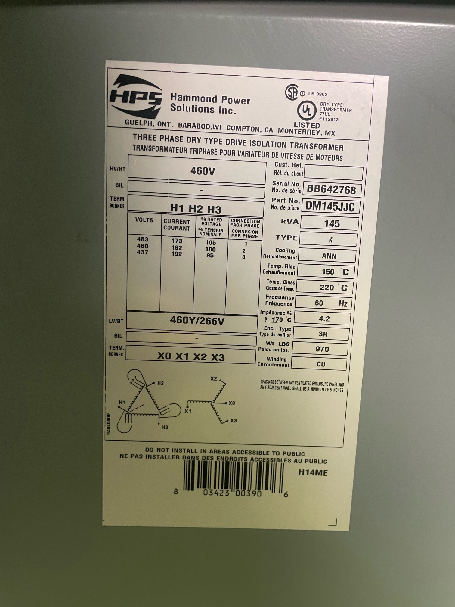 Hammond 145 KVA Transformers 91380