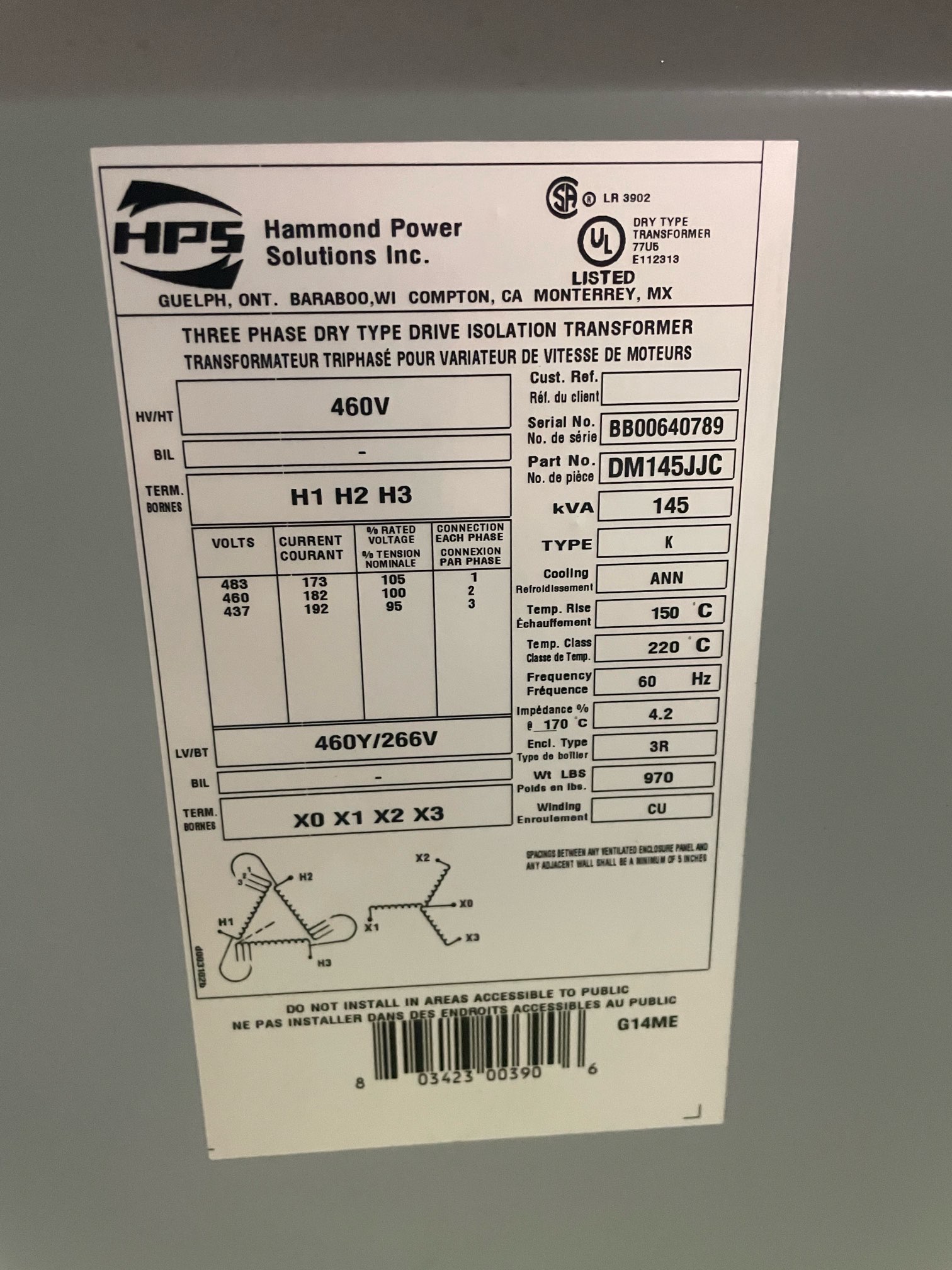 Hammond 145 KVA Transformers 91383