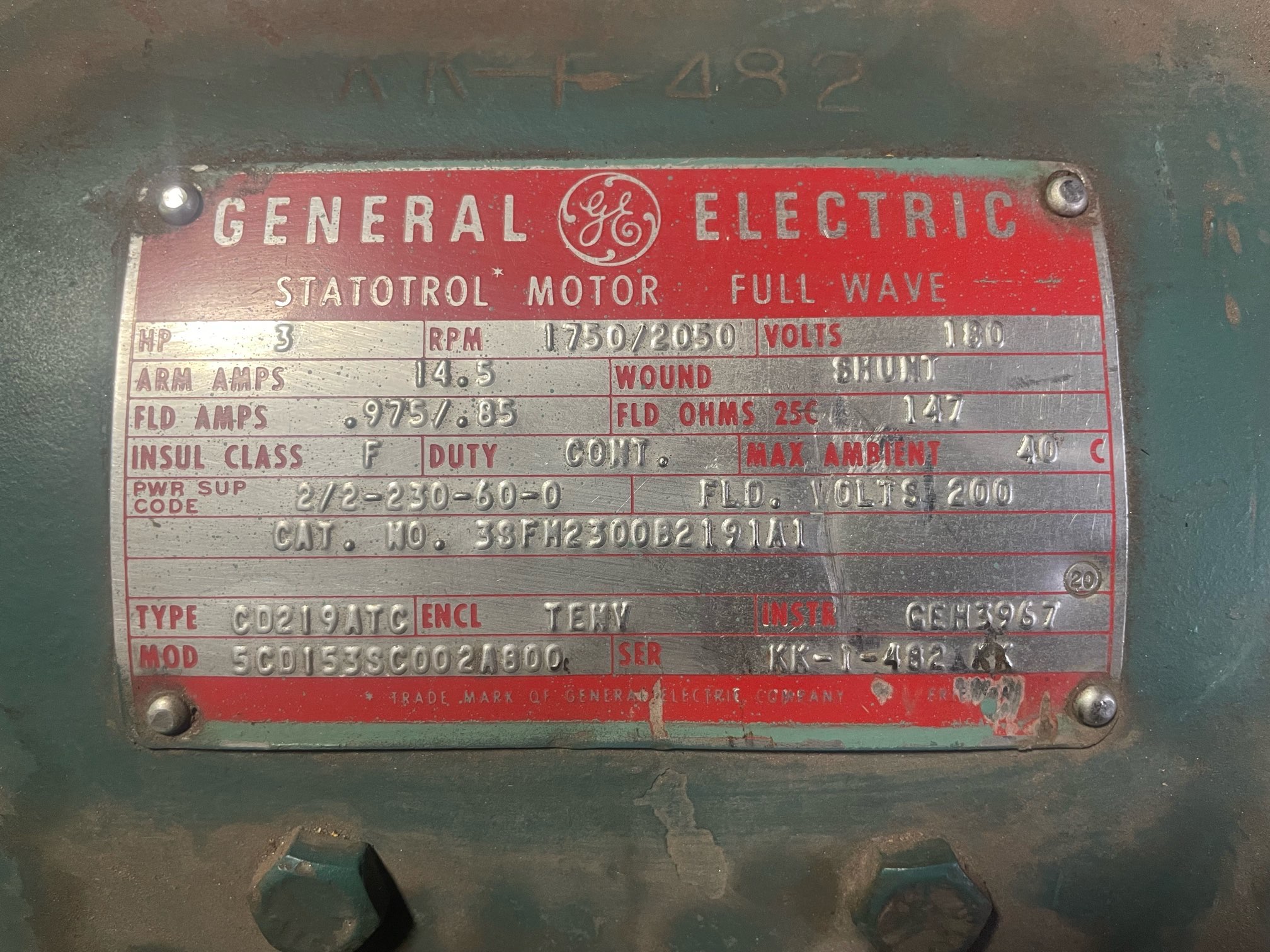 General Electric 3 HP 1750/2050 RPM 219ATC DC Motors 91386