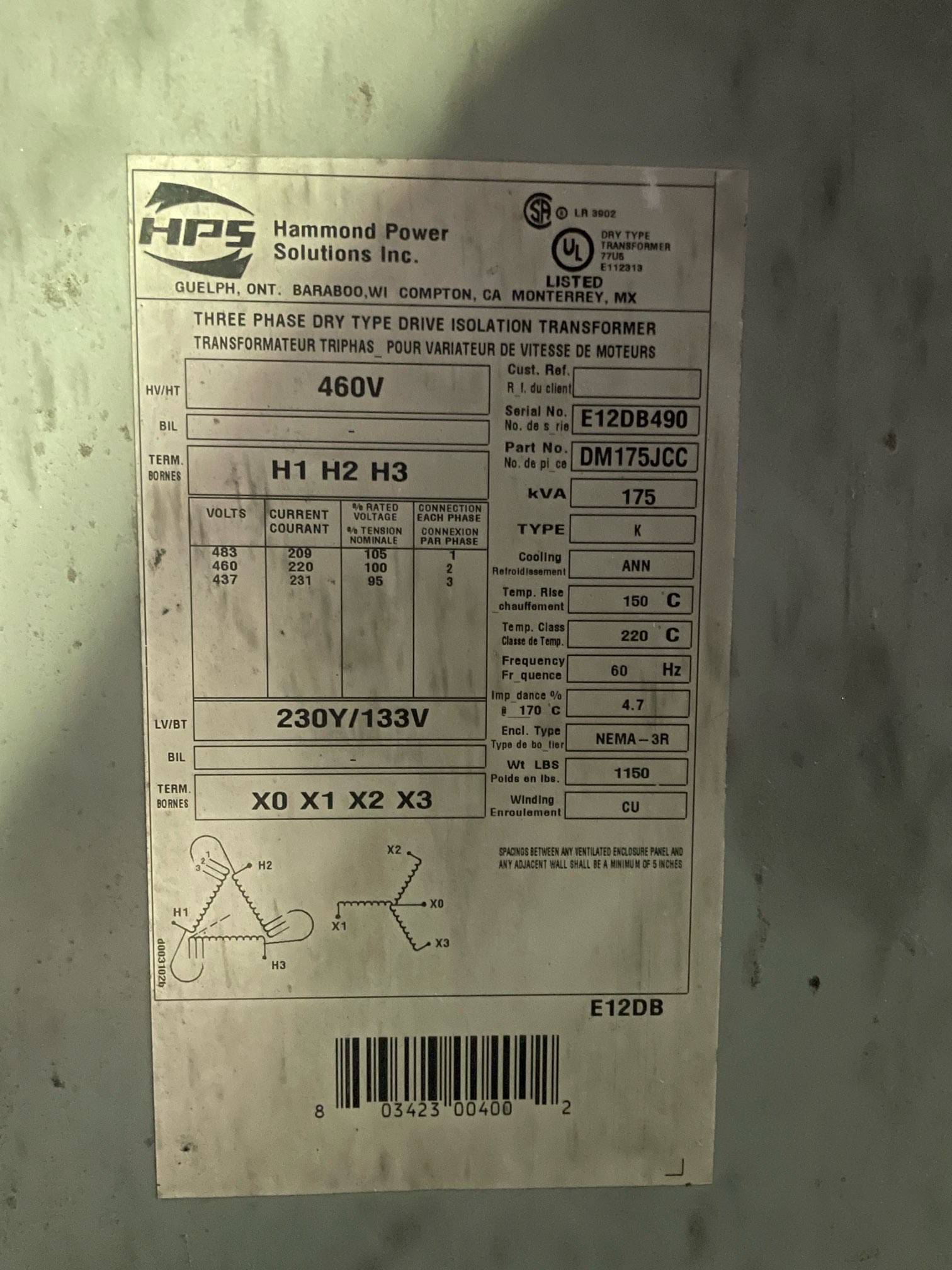 Hammond 175 KVA Transformers 91387