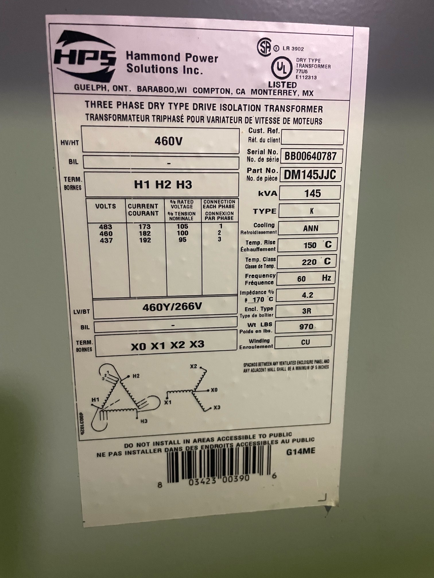 Hammond 145 KVA Transformers 91388