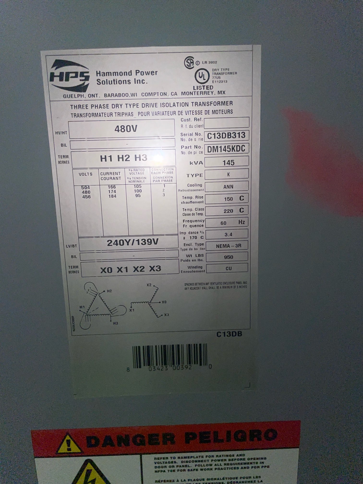 Hammond 145 KVA Transformers 91392