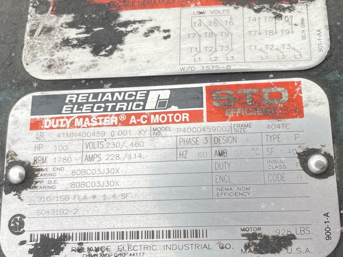 Reliance 100 HP 1800 RPM 404TC Squirrel Cage Motors 91396