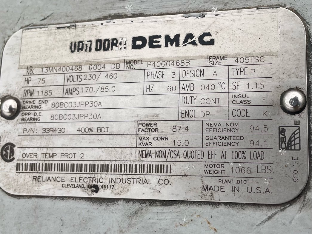 Reliance 75 HP 1200 RPM 405TSC Squirrel Cage Motors 91397