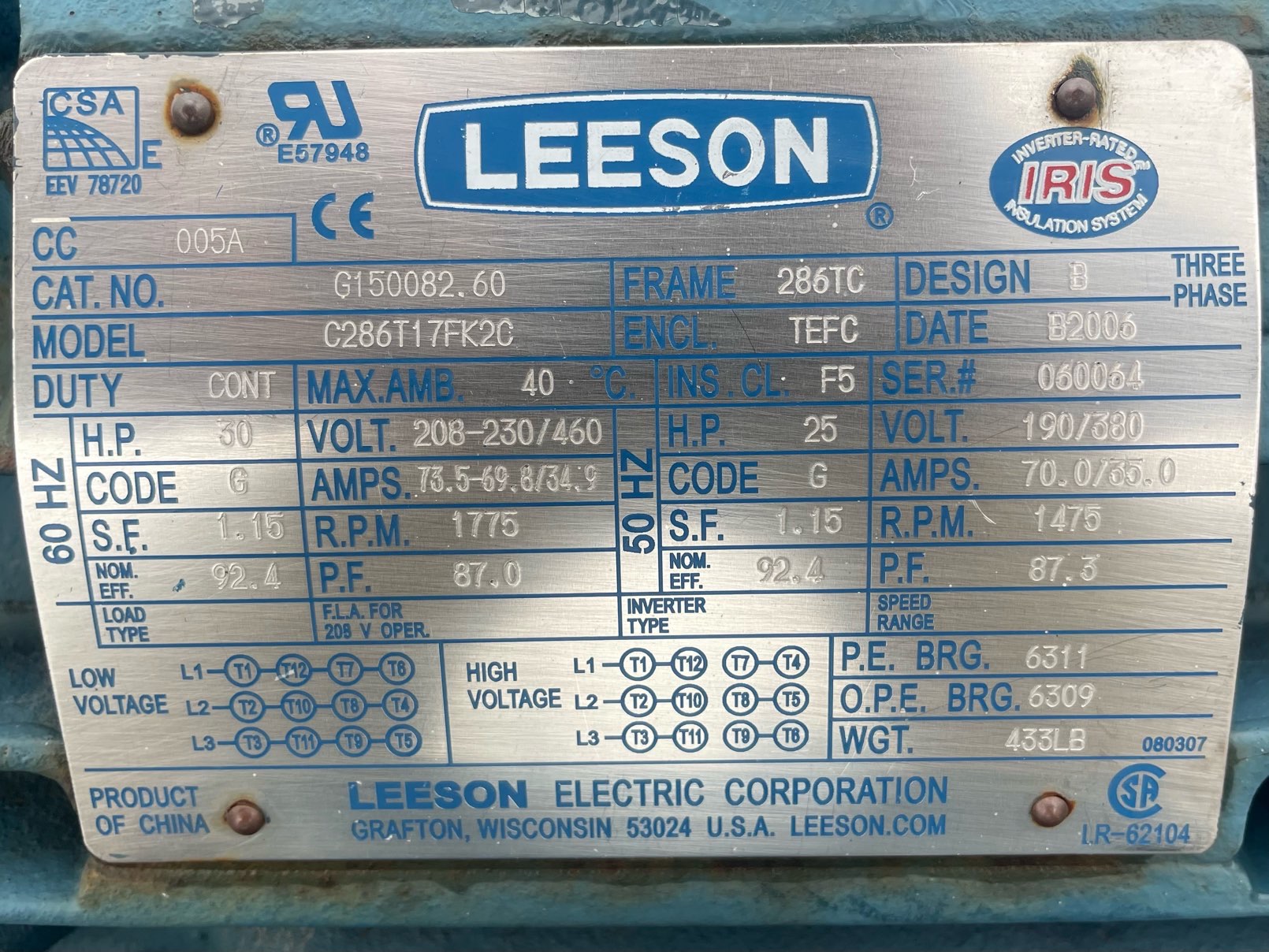 Leeson 30 HP 1800 RPM 286TC Squirrel Cage Motors 91399