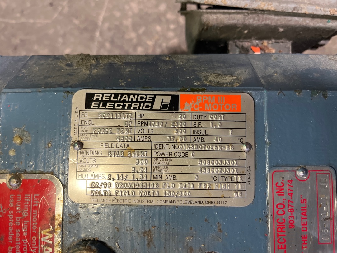 Reliance 20 HP 1750/2300 RPM SC2113ATZ DC Motors 91421