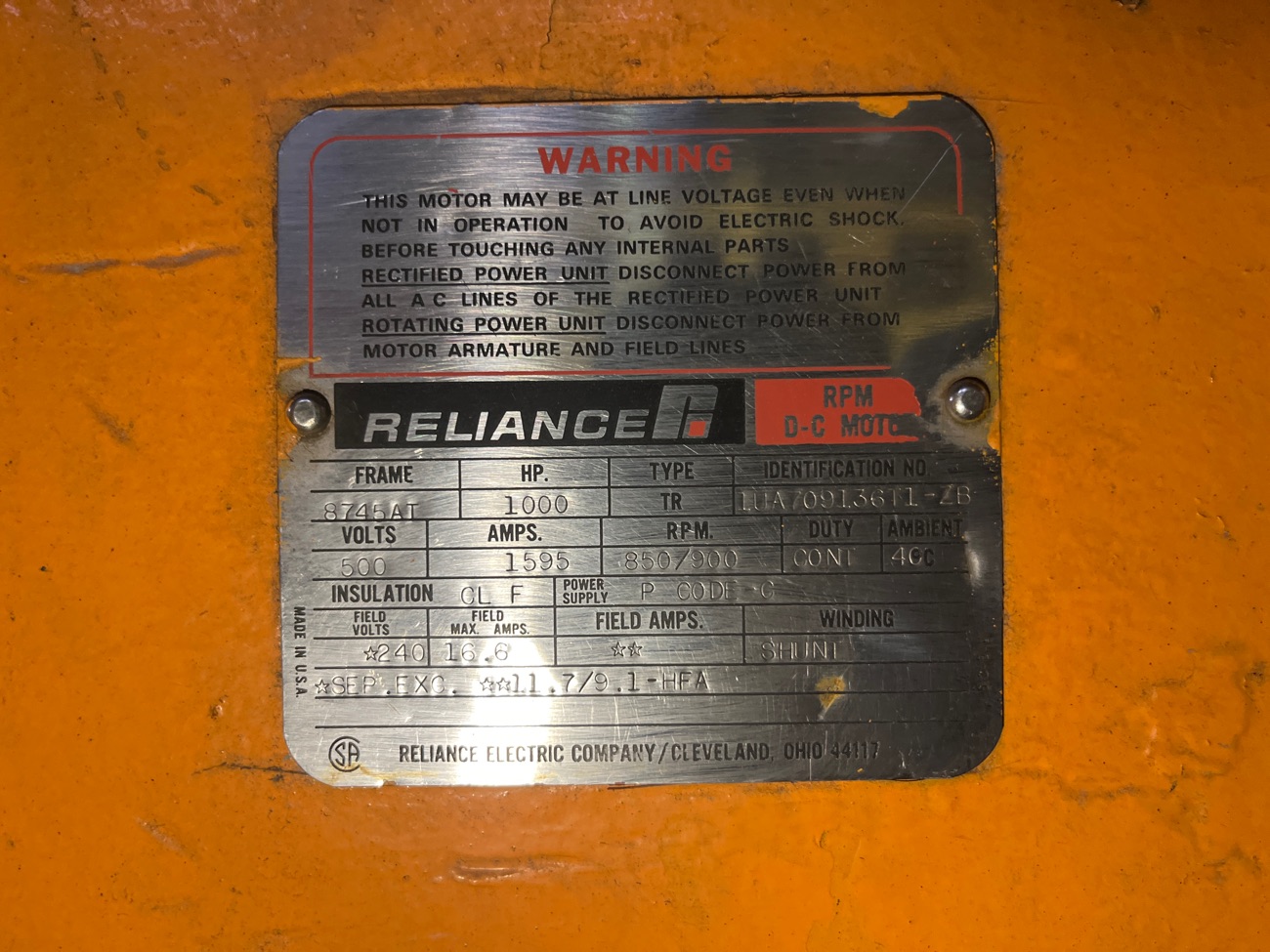 Reliance 1000 HP 850/900 RPM 8745AT DC Motors 91437