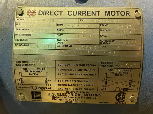 US Electric 25 HP 1750/2300 RPM 259AT DC Motors 91440