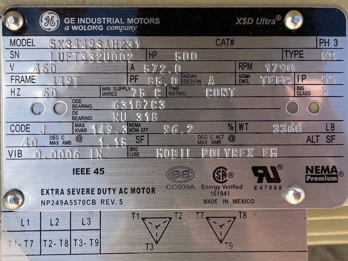 General Electric 500 HP 1800 RPM 449T Squirrel Cage Motors 91452