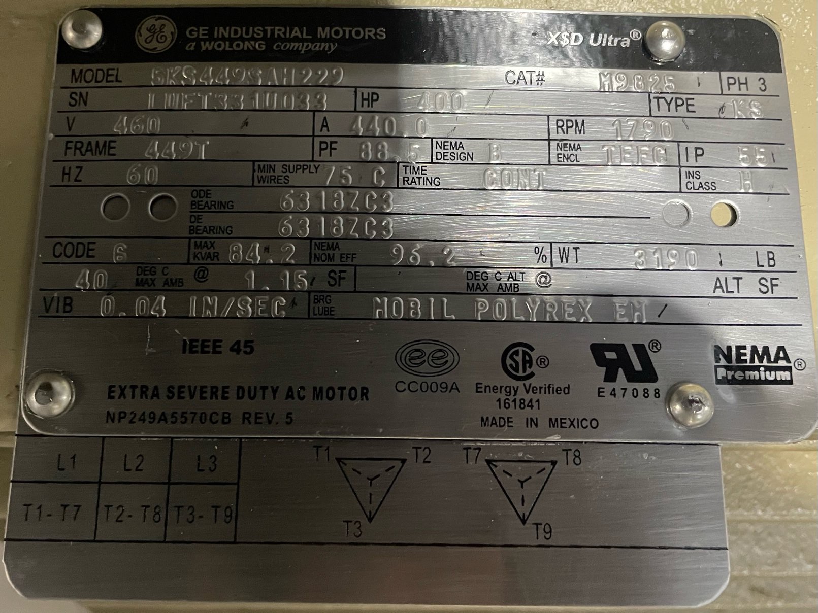 General Electric 400 HP 1800 RPM 449T Squirrel Cage Motors 91455