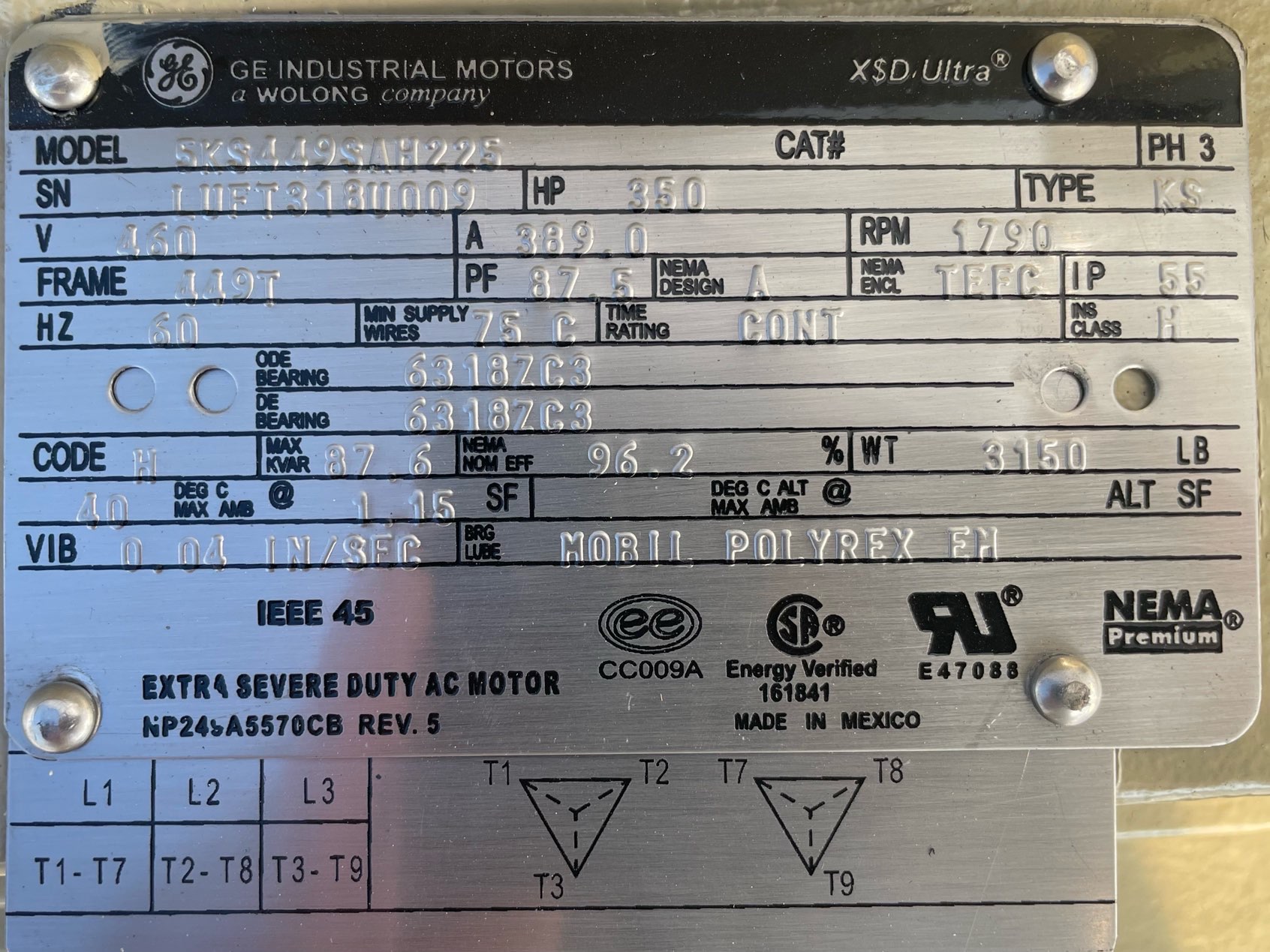 General Electric 350 HP 1800 RPM 449T Squirrel Cage Motors 91459