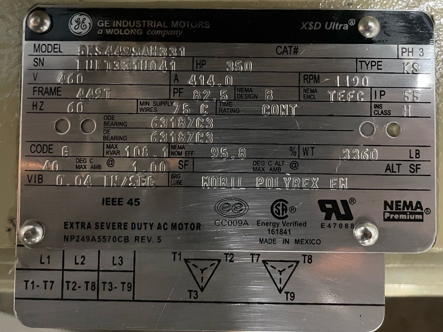 General Electric 350 HP 1200 RPM 449T Squirrel Cage Motors 91461