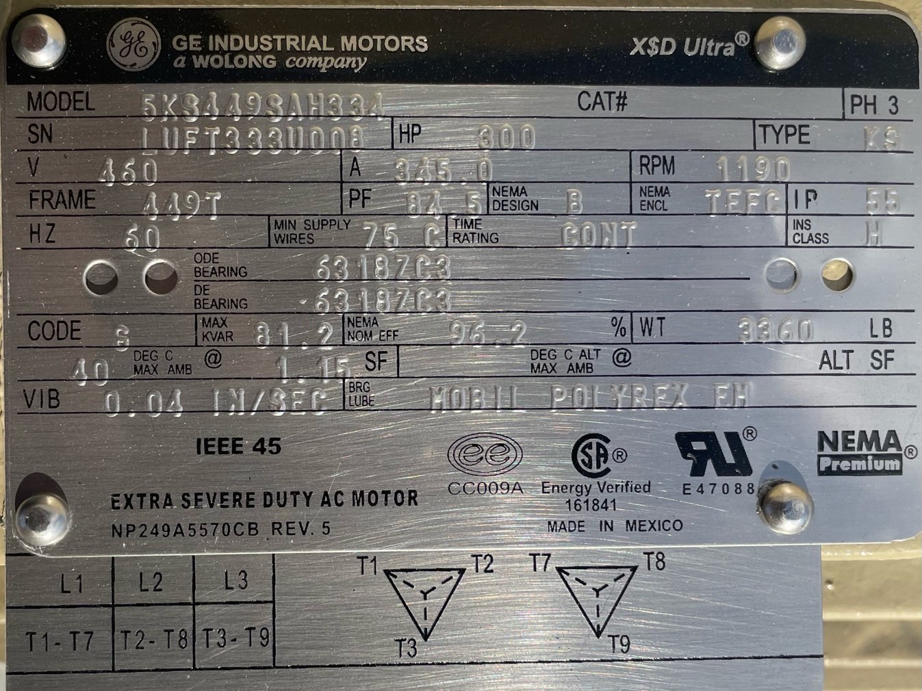 General Electric 300 HP 1200 RPM 449T Squirrel Cage Motors 91463