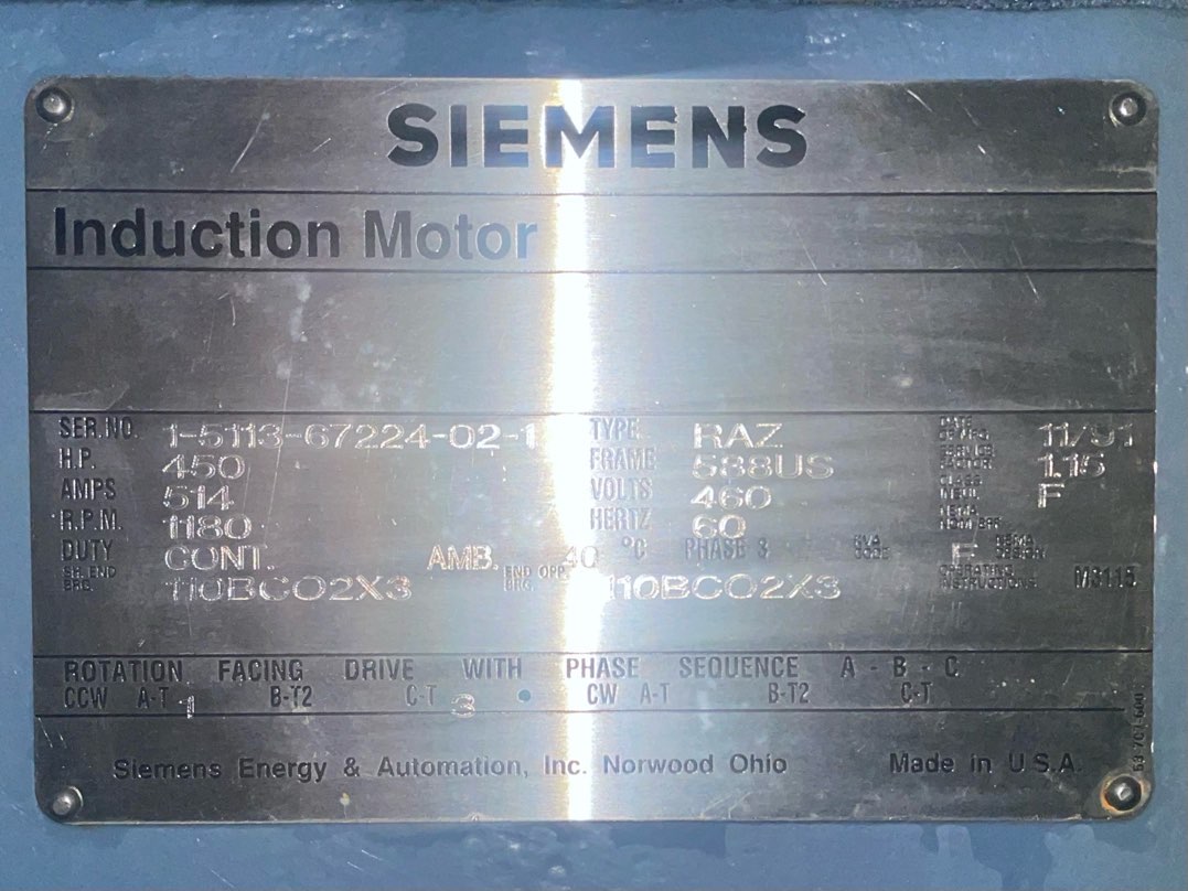 Siemens 450 HP 1200 RPM 588US Squirrel Cage Motors 91473