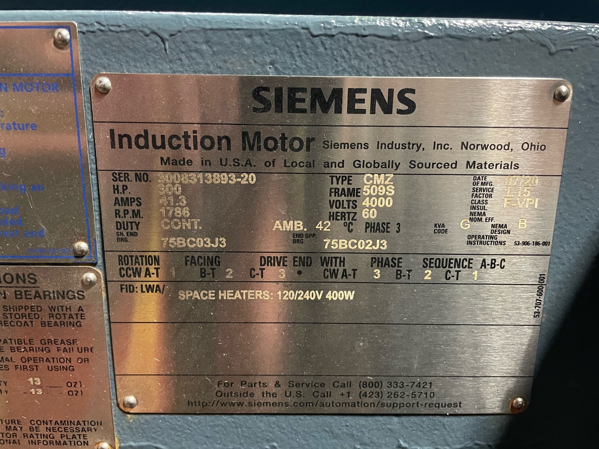 Siemens 300 HP 1800 RPM 509S Squirrel Cage Motors 91474