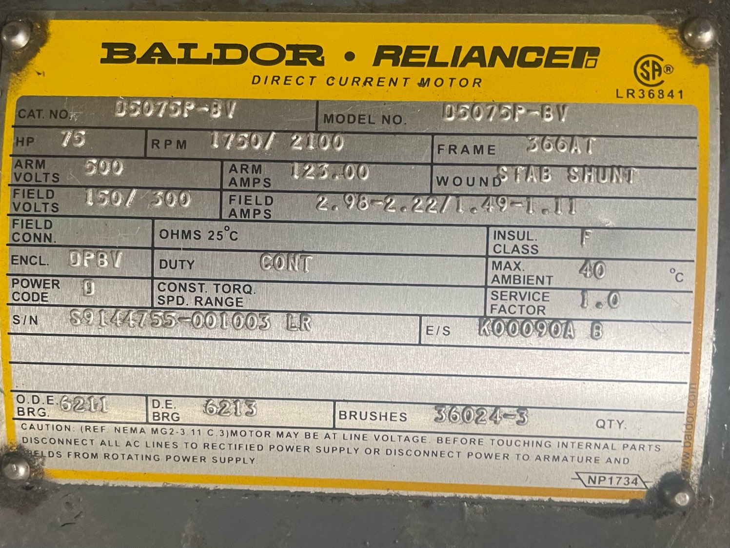 Baldor-Reliance 75 HP 1750/2100 RPM 366AT DC Motors 91476