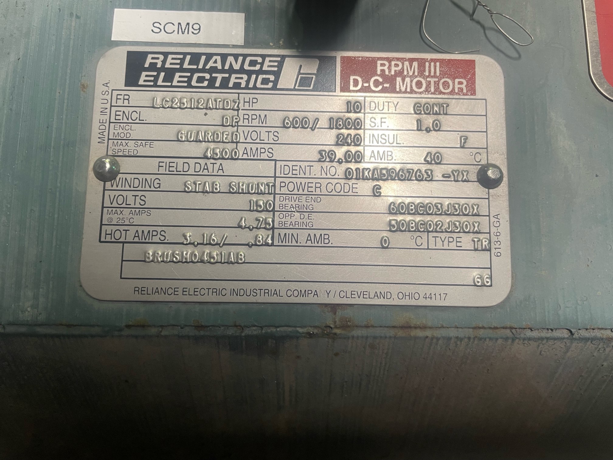 Reliance 10 HP 600/1800 RPM LC2512ATDZ DC Motors 91477