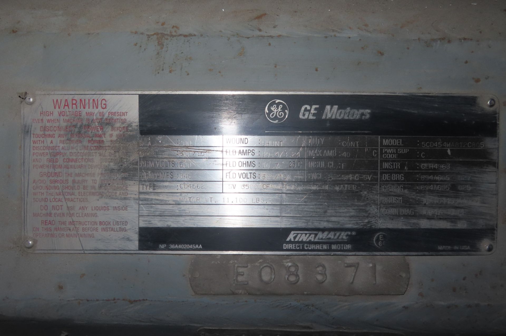 General Electric 200 HP 300/1500 RPM 4562 DC Motors 91491