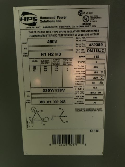 Hammond 118 KVA Transformers 91514