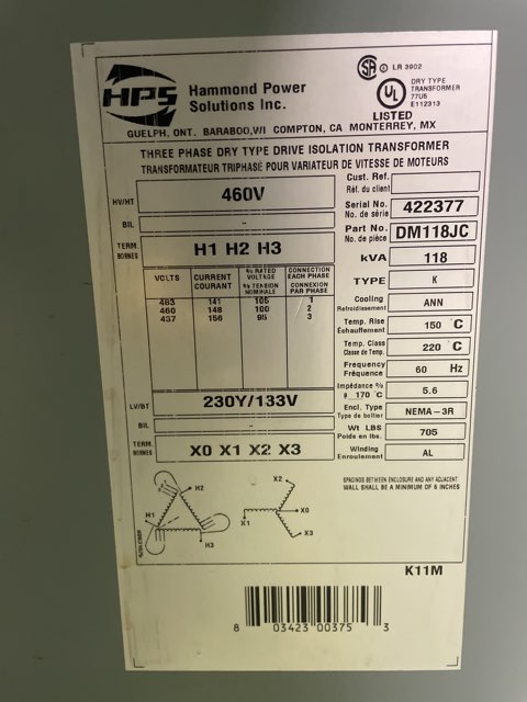 Hammond 118 KVA Transformers 91515