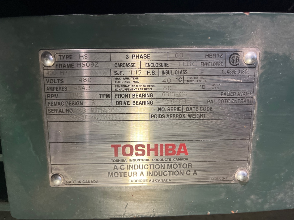 Toshiba 400 HP 1200 RPM H509Z Squirrel Cage Motors 91563