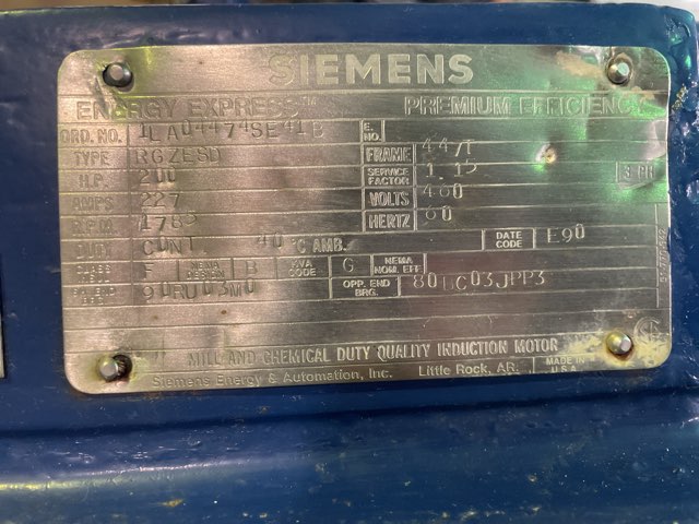 Siemens 200 HP 1800 RPM 447T Squirrel Cage Motors 91574