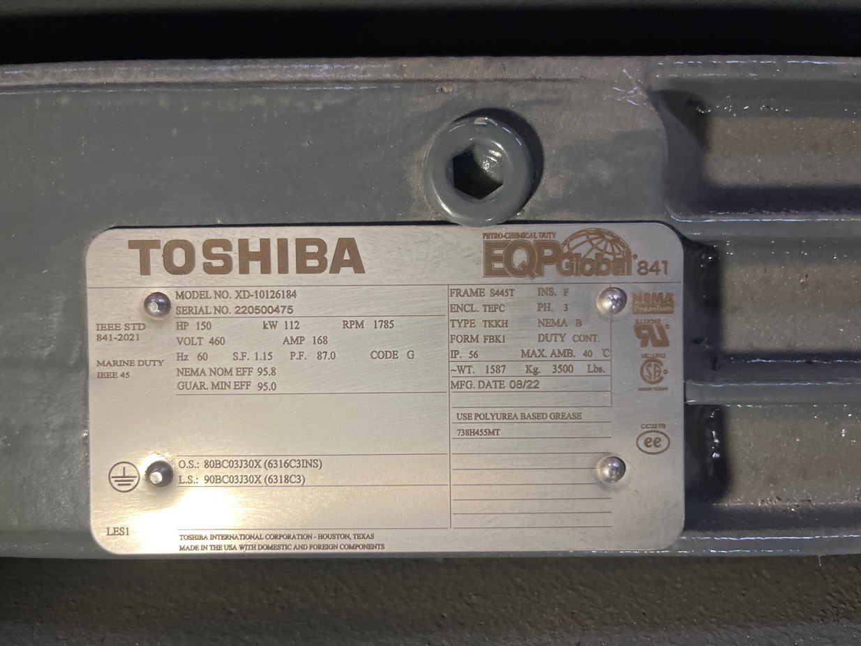 Toshiba 150 HP 1800 RPM 445T Squirrel Cage Motors 91576