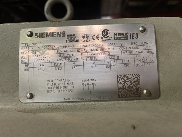 Siemens 100 HP 1800 RPM 405TD Squirrel Cage Motors 91580