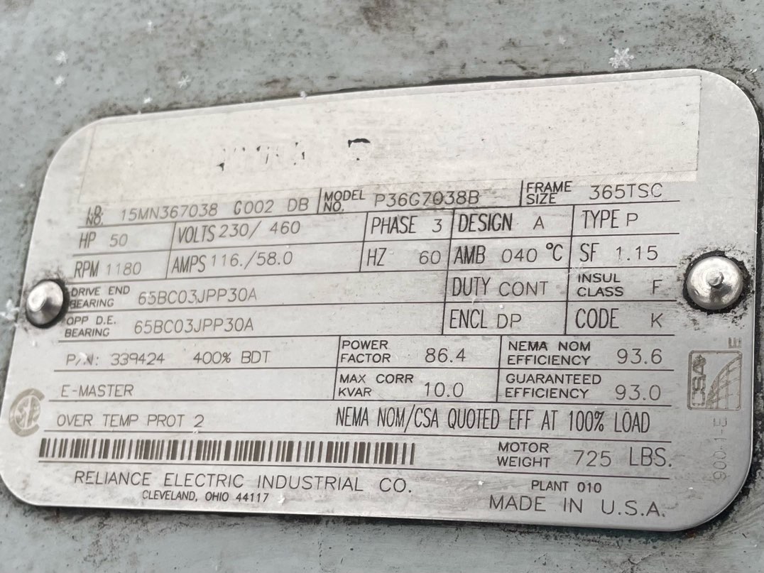 Reliance 50 HP 1200 RPM 365TSC Squirrel Cage Motors 91642