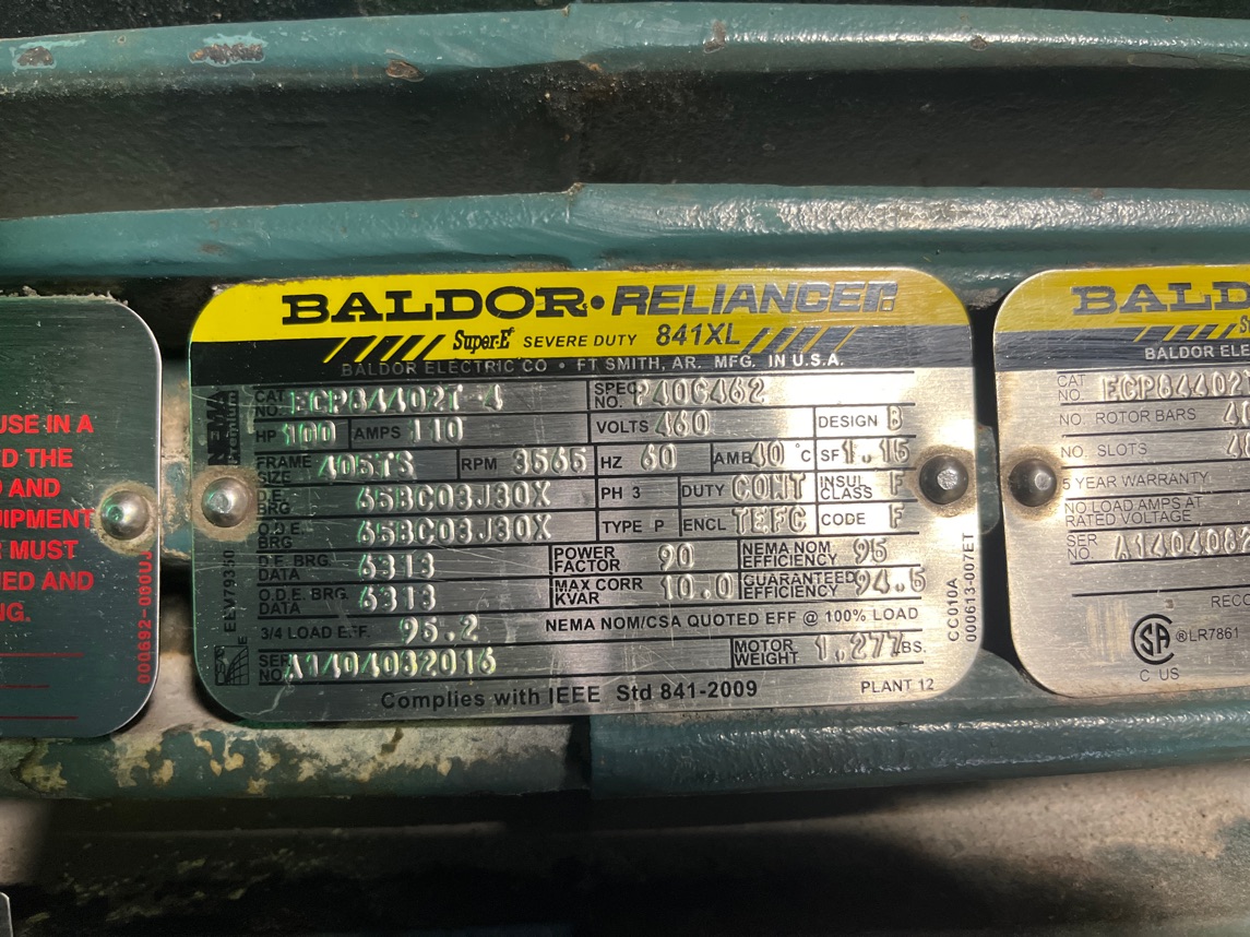 Baldor-Reliance 100 HP 3600 RPM 405TS Squirrel Cage Motors 91704