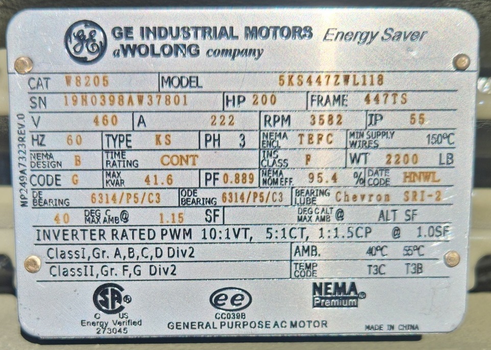 General Electric 200 HP 3600 RPM 447TS Squirrel Cage Motors H0891